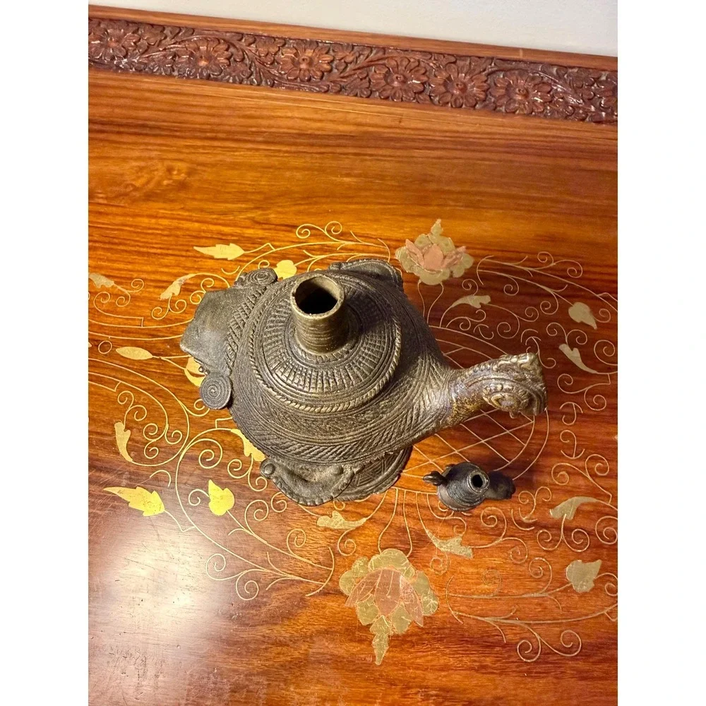 Antique‎ Indian Peacock Oil Lamp, Hand Cast Dhokra Brass Vessel